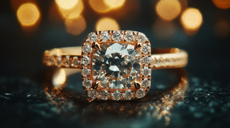 Captivating image of a stunning diamond solitaire ring with a halo setting, showcasing intricate detail and brilliance against a dreamy bokeh backdrop. Perfect for jewelry enthusiasts.の素材