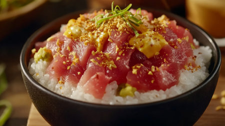 Delight in this visually appealing ahi tuna poke bowl featuring fresh tuna, avocado, spices, and garnishes, perfect for culinary enthusiasts and food photography.の素材