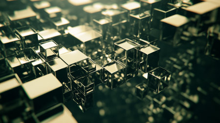A captivating abstract scene featuring reflective cubes arranged in a complex formation, showcasing an interplay of light and shadow, perfect for modern design projects or artistic inspirations.の素材