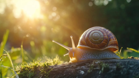 A vibrant snail moves gracefully on a log in a sunlit meadow, surrounded by lush green grass and soft warm light, capturing a moment of tranquility in nature.の素材