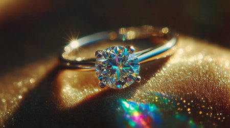 A mesmerizing close-up of an exquisite diamond engagement ring set against a shimmering background, capturing the beauty and brilliance of love's promise in a dazzling display.の素材