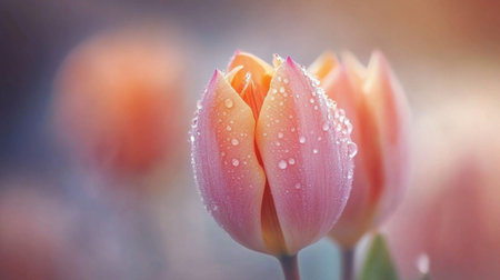 Close-up view of delicate pink tulips adorned with dew drops, showcasing natural beauty and fresh spring vibes, perfect for nature-themed photography projects.の素材