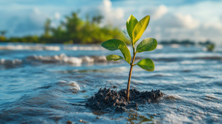 A vibrant mangrove seedling rises from the tidal mud, symbolizing resilience and new life in a coastal wetland ecosystem under a beautiful sky.の素材