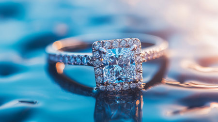 A stunning diamond engagement ring sits gracefully on a water surface, reflecting soft natural light, showcasing exquisite details and sparkling beauty perfect for romantic occasions.の素材