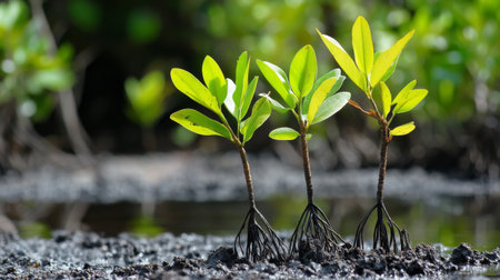 A close-up view of young mangrove seedlings with vibrant green leaves thriving in a coastal wetland, symbolizing nature's resilience and the importance of biodiversity.の素材