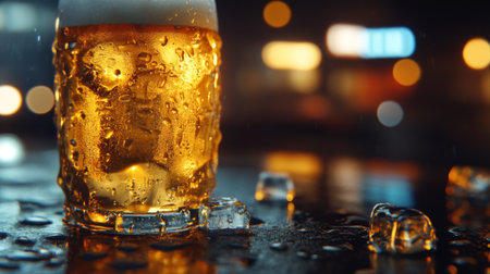 A close-up of a cold beer glass adorned with droplets and ice cubes, set against a softly blurred background, ideal for leisure and refreshment visuals.の素材