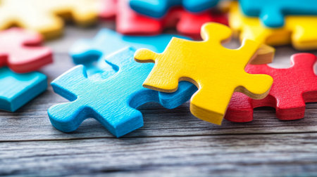 Vibrant wooden puzzle pieces in primary colors create an engaging and playful atmosphere, perfect for educational activities, children's rooms, or creative design projects.の素材