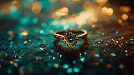 A dazzling engagement ring featuring a brilliant diamond shines against a backdrop of sparkling glitter, embodying luxury and romance in a beautifully soft-lit setting.の素材