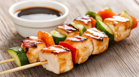 Delicious grilled chicken skewers featuring colorful vegetables served with soy sauce, ideal for summer gatherings and outdoor barbecues, satisfying flavor and nutrition.の素材