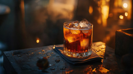 This image showcases a glass of whiskey with ice, beautifully presented on a rustic wooden table. The warm lighting creates a cozy ambiance, perfect for relaxing moments.の素材