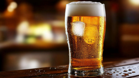 A fresh glass of golden beer sits invitingly in a dimly lit pub, showcasing vibrant bubbles and ice cubes, capturing the essence of celebration and camaraderie.の素材