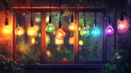 A captivating scene featuring vibrant string lights hanging by a window, casting a warm glow and creating a cozy atmosphere, perfect for evening gatherings or peaceful relaxation.の素材