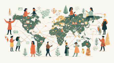This illustration shows a vibrant world map featuring diverse individuals engaging in various activities, symbolizing global connections and cultural interactions in a warm color scheme.の素材