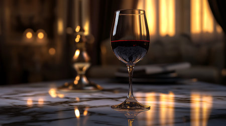 A stunning red wine glass sits elegantly on a marble table, illuminated by soft ambient light, creating a cozy and inviting atmosphere for intimate gatherings or special occasions.の素材