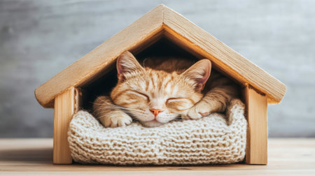 A serene scene featuring a ginger cat soundly sleeping in a wooden house, surrounded by a soft blanket, embodying comfort and tranquility in a warm home setting.の素材