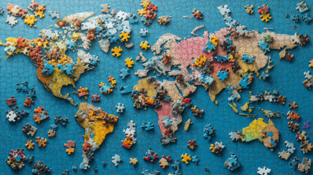 A vibrant jigsaw puzzle of the world with scattered pieces on a blue backdrop, symbolizing creativity, exploration, and the joy of assembling intricate designs.の素材