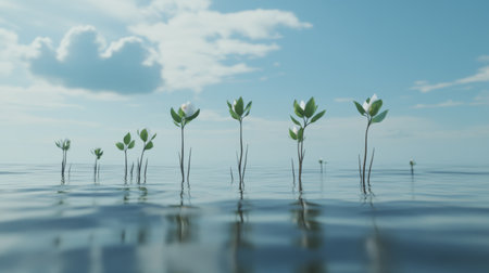 Young plants rise from the serene water surface, highlighting the beauty of nature and the essence of renewal, evoking feelings of peace and growth in a stunning outdoor landscape.の素材