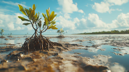 Exploring the beauty of young mangrove seedlings thriving on a rocky shoreline, showcasing nature's resilience in a serene coastal environment with reflections in water.の素材