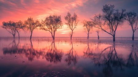 A beautiful sunrise casts vibrant colors across a misty wetland landscape, highlighting silhouettes of trees and their reflections in the still water, creating a serene atmosphere.の素材