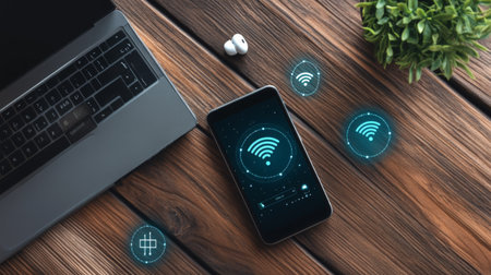 Stylish workspace design with a laptop and smartphone displaying Wi-Fi symbols on a rustic wooden surface, complemented by a green plant and wireless earbuds, embodying modern technology.の素材