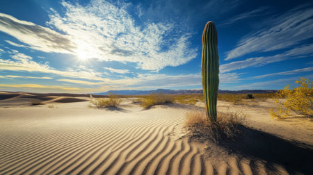 A breathtaking view of a tall cactus standing alone in a tranquil desert landscape, surrounded by rolling sand dunes and a vivid sky filled with dramatic clouds and bright sunlight.の素材