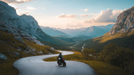 A breathtaking view of a biker riding along a winding road through majestic mountains at sunset, capturing the essence of adventure and tranquility in nature's beauty.の素材