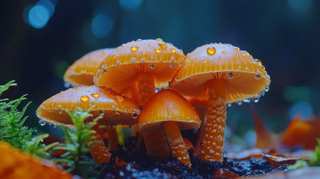 This striking image features vibrant orange mushrooms adorned with glistening raindrops, set against a backdrop of lush greenery and rich autumn leaves, showcasing natural beauty.の素材