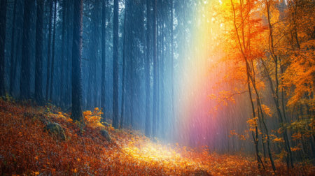 A stunning autumn forest scene with vibrant colors and a captivating rainbow effect, bringing a sense of magic and tranquility to the natural surroundings.の素材