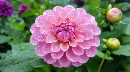 Stunning pink dahlia flower with sparkling raindrops on its peony-like petals, lush green leaves, and buds create a captivating scene in a vibrant garden.の素材