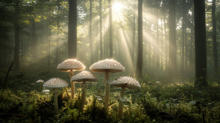 A stunning forest scene showcasing dew-covered mushrooms illuminated by soft sunlight filtering through tall trees, creating a peaceful and magical atmosphere.の素材