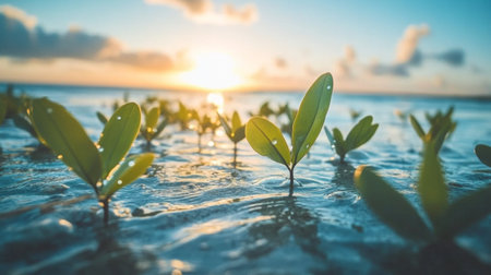 A breathtaking view of young mangrove plants rising from the shallow water during sunset. The scene captures a perfect blend of colors, creating a serene atmosphere.の素材