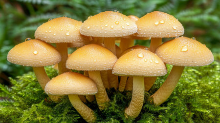 A stunning close-up of a cluster of yellow mushrooms adorned with moisture droplets, nestled in the vibrant green moss, showcasing the exquisite details of nature.の素材