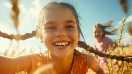 A cheerful young girl with braids expresses joy while playing in a wheat field with friends, capturing the essence of carefree summer days filled with laughter and adventure.の素材