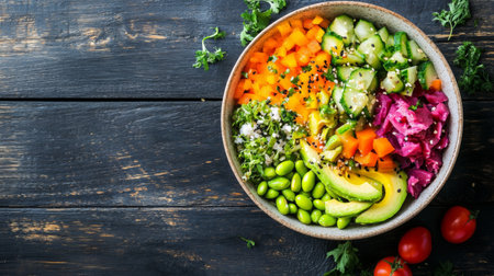 A vibrant bowl filled with fresh vegetables like avocado, edamame, carrots, and pickled cabbage, perfect for promoting healthy eating and a balanced diet.の素材
