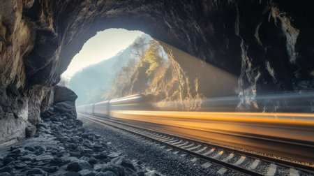 A captivating view of a train speeding through a rocky tunnel, with sunlight streaming in and illuminating the train tracks, creating a stunning visual experience in nature.の素材