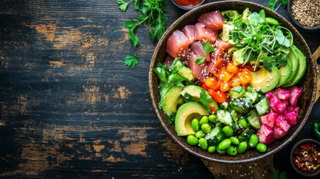 This beautifully arranged bowl showcases a mix of fresh ingredients, highlighting vibrant colors and textures for a healthy and appetizing meal. Perfect for food enthusiasts.の素材