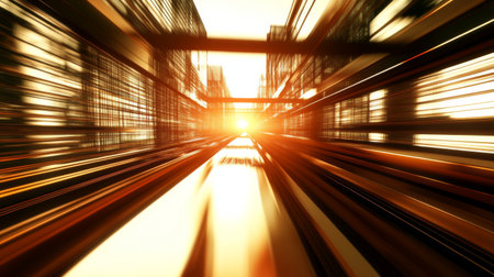 A captivating view of a sunrise illuminating a modern cityscape, showcasing blurred architectural lines that create a dynamic sense of motion and energy.の素材