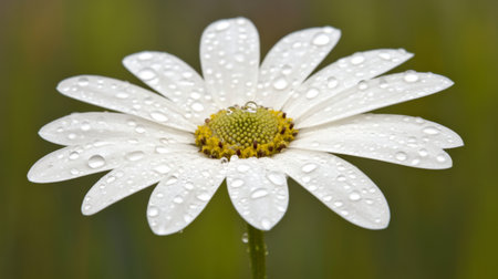 A close-up image of a white daisy flower featuring glistening water droplets on its petals, set against a lush green background, captures the essence of fresh and vibrant nature.の素材