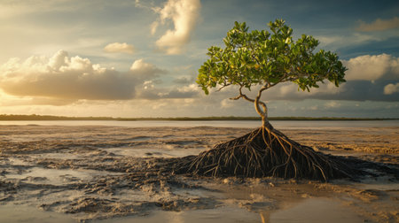 This captivating image of a solitary mangrove tree highlights its strong roots in a coastal wetland, surrounded by a breathtaking sunset and lush clouds, showcasing nature's beauty and resilience.の素材