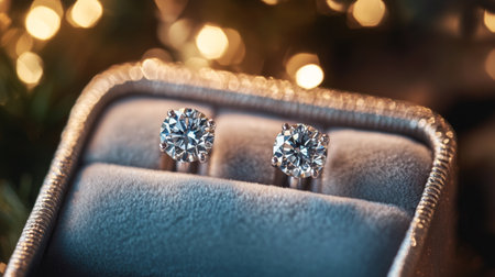 Stunning diamond earrings placed on a velvet box, surrounded by soft bokeh lights, creating a warm atmosphere ideal for holiday gifts or elegant jewelry promotion.の素材