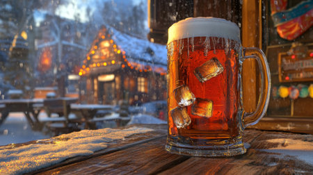 A frosty beer mug filled with delicious amber liquid and ice cubes sits on a rustic wooden table, creating a cozy winter scene with twinkling lights in the background.の素材