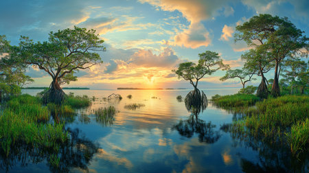 A stunning sunset illuminates the sky over still waters, highlighting lush trees with reflective surfaces. This peaceful nature scene invites tranquility and admiration for the beauty of the landscape.の素材