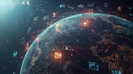 This image showcases a detailed digital globe surrounded by glowing data icons and connections, representing a modern vision of global communication and technological advancement.の素材