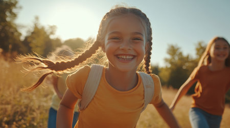 A cheerful young girl runs joyfully in a sunlit field, embodying the beauty of childhood and friendship, capturing a moment of pure happiness in nature.の素材