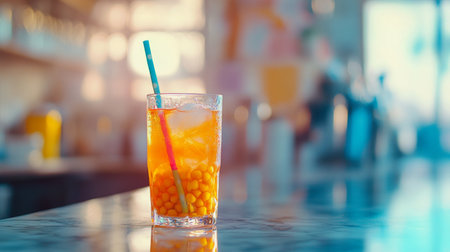 A beautifully presented drink featuring tapioca pearls and ice, perfect for summer gatherings. The vibrant colors and refreshing style invite enjoyment and relaxation.の素材