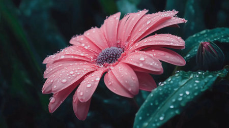 A close-up image of a pink flower adorned with glistening water droplets, set against a dark green backdrop, highlighting natureの素材