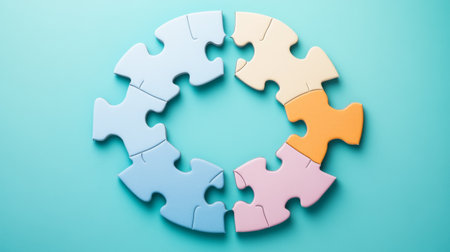 This image features colorful puzzle pieces arranged in a circular formation on a turquoise background, representing creativity and problem-solving in a visually appealing way.の素材