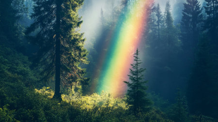 A stunning view of a vibrant rainbow emerging from misty woods, surrounded by tall trees and lush green underbrush, creating a serene and magical atmosphere.の素材