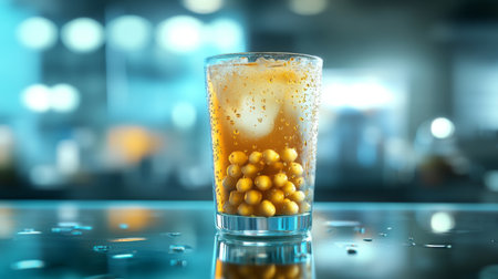 A refreshing drink served in a glass filled with ice and golden pearls, creating an inviting atmosphere. Ideal for summer events, parties, or casual gatherings.の素材