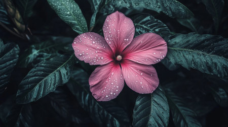 A stunning close-up image of a pink flower with glistening water droplets set against lush green leaves, capturing the beauty of nature in a serene atmosphere.の素材